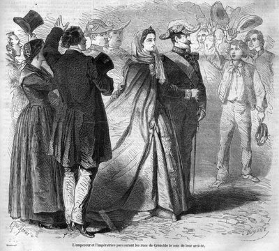 Keisari Napoleon III:n (1808-1873) ja hänen vaimonsa Eugenie de Montijon (1826-1920) matka Savoian herttuakuntaan Savoyn kreivin liittämisen jälkeen (maaliskuu Torinon sopimus): täällä keisarillinen pariskunta kävelee Grenoblen kaduilla . Kaiverrus alkaen tekijältä Unknown artist