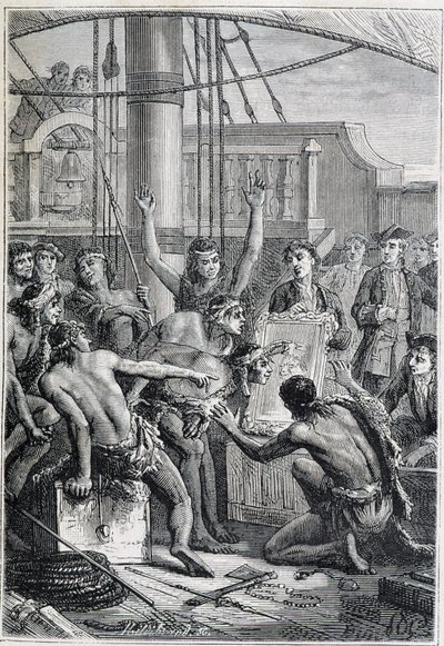 Samuel Wallisin (1728-1795) matka Polynesiaan: alkuperäiskansojen etonit peilin ääressä - kuva otettu teoksesta "1700-luvun suuret merenkulkijat" tekijältä Unknown artist
