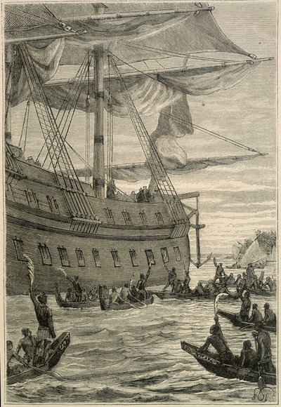 Samuel Wallisin (1728-1795) matka Polynesiaan: alkuperäiskansat pitävät banaanin oksia kädessään tervetulotoivotuksena - esimerkki teoksesta "1700-luvun suuret merenkulkijat" tekijältä Unknown artist