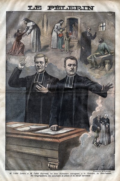 Jules Auguste Lemire (1853-1928) ja Hippolyte Gayraud (1856-1911), ranskalaiset kirkolliset ja poliitikot, kansanedustajat -kaiverrus "Le-Pelerin" vuodelta 1899 tekijältä Unknown artist