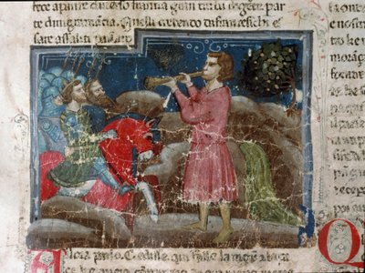 Jules Cesar (101-44 eKr.) puhuttelee sotureitaan Yksityiskohta käsikirjoitussivusta "" The Facts of the Romans"" (Ms 1538, fol 15r) noin 1340 Firenze, Biblioteca Riccardiana tekijältä Unknown artist