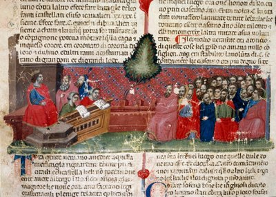 Jules Cesar (101-44 eKr.) valtaistuimella Yksityiskohta käsikirjoitussivusta "" Roomalaisten tosiasiat"" (Ms 1538) noin 1340 Firenze, Biblioteca Riccardiana tekijältä Unknown artist