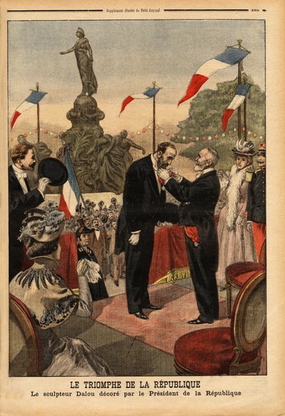 Jules Dalou (1838-1902) kuvanveistäjä, jonka tasavallan presidentti Emile Loubet (1838-1929) koristeli kunnialegioonalla "Tasavallan voitto" -patsaan vihkiäistilaisuudessa Place de la -aukiolla. Kansakunta Pariisissa. Kaiverrus kirjaimeen "" tekijältä Unknown artist