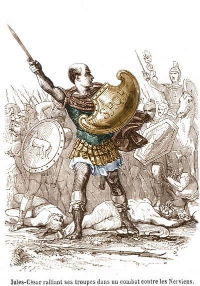 Julius Caesar kokoamassa joukkojaan taisteluun Nervieniä vastaan - kaiverrus tekijältä Unknown artist