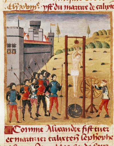 Kuningas Aleksanteri Suuri (356-323 eKr.) osallistuu jalon Calixten Cefoben teloitukseen hirttämällä""" Miniatyyri otettu Quintus Curtius Rufusin (1. vuosisadan) "" Aleksanteri Suuren tosiasioiden kirjasta"" (ms 1335, fol. 167 v tekijältä Unknown artist