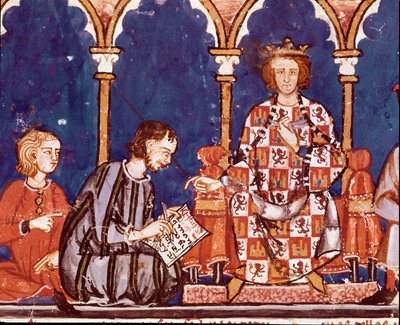 Kuningas Alfonso X Viisas mies avustaa kirjoittamisessa. Yksityiskohta pienoiskuvasta Alfonso X Viisaan (1221-1284) Shakin, nopat ja taulukot -kirjasta. 1282. St. Lawrence of the Scorial. Kuninkaallinen kirjasto tekijältä Unknown artist