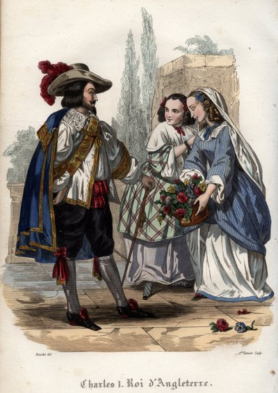 Englannin kuningas Kaarle I (Charles I Stuart) (1600-1649) vietteli nuoria naisia. Kaiverrus vuodelta 1842 Maurice Lachatren teokseen "Histoire des Popes". Yksityinen kokoelma. tekijältä Unknown artist