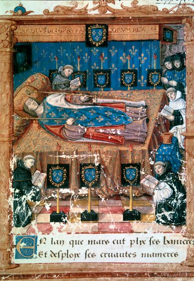 Kuningas Kaarle VIII (1470-1498) kuolinvuoteessaan 8.4.1498 Miniatyyri otettu Ovidiuksen "" L