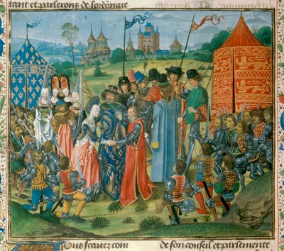 Kuningas Kaarle VI (1368-1422) luovutti tyttärensä Isabellan Ranskan (1389-1409) Richard II:lle (1367-1400) Englannin kuninkaalle ennen Jean Froissartin (1337-) "Cronicles" -sarjan Ranskan ja Englannin herrojen konferenssia. 1400) 1400-luvun Pariisi. B.N. tekijältä Unknown artist