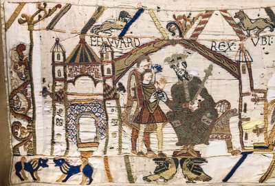 Kuningas Edward Tunnustaja lähettää Haroldin Normandiaan, Bayeux Tapestry (villakirjonta pellavalle) tekijältä Unknown artist