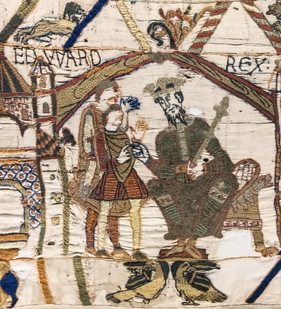 Kuningas Edward Tunnustaja lähettää Haroldin Normandiaan, Bayeux Tapestry (villakirjonta pellavalle) tekijältä Unknown artist