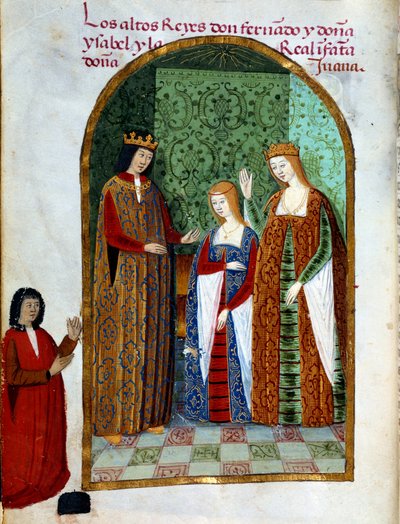 Kuningas Ferdinand II, Aragonian ja Sisilian kuningas (1452 - 1516), Joan, Kastilian kuningatar (1479 - 1555) ja Isabella I Kastilian (tunnetaan myös nimellä katolinen), Espanjan kuningatar (1451 - 1504). Miniatyyri elokuvassa "Kuningatar Da Juana, joka ku tekijältä Unknown artist