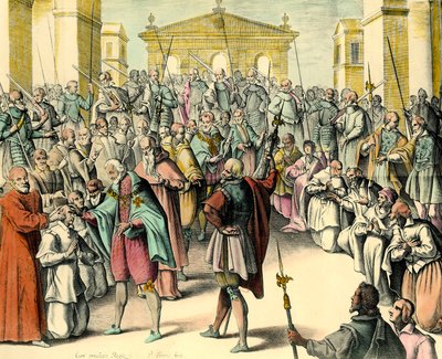 Kuningas Henrik IV (1553-1610) koskettaa sairaan otsaa.”” Kuningas on thaumaturge, hänellä on valta parantaa ecrouelles lausumalla tämä kaava. Kaiverrus kuningas Henrik IV:n lääkärin Andre du Laurensin (1558-1609) luonnoksesta tekijältä Unknown artist