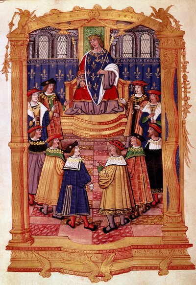 Kuningas Ludvig XI (1423-1483) ja Pyhän Mikaelin ritarikunnan ritarit Miniatyyri käsikirjoituksesta "" Pyhän Mikaelin ritarikunnan perussäännöt" 1400-luvun Milano, Biblioteca Trivulziana tekijältä Unknown artist