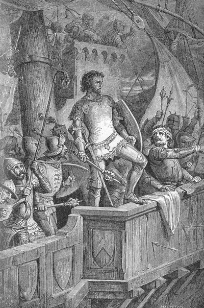 Knut Suuri (Canut I) (994 tai 995-1035) - Cnut Suuren miehet Lontoon sillalla, norjalaisen Olaf II:n (Norjan Olaf II) hyökkäyksen kohteena - Richardin kaiverrus "Kaiser, Konig une Papst" Roth tekijältä Unknown artist