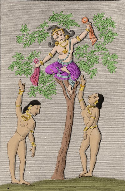 Krishna lentää kahden gopin kanssa. kaiverrus ""Ancient and Modern Monuments of Hindustan"", kirjoittanut L.M. Langles, Pariisi 1821. tekijältä Unknown artist