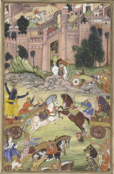 Krishna tappaa demoni Sri Galan (kohtaus Harivamsasta). Noin 1585-95 tekijältä Unknown