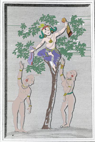 Krishna varastaa kahden gopin mekot. L. M. Langlès: "" Hindustanin muinaiset ja nykyaikaiset monumentit" Paris tekijältä Unknown artist