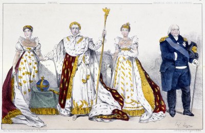 Imperiumi ja Bourbonit: Josephine de Beauharnais (1763-1814) ja Napoleon I Bonaparte (1769-1821), Marie Josephine de Savoie (1753-1810) ja Louis XVIII dit Le Desire (1755-1824) - Kuninkailta ja lautasilta poimittu lautanen Ranskan kuningattaret kuvissa, Pa tekijältä Unknown artist