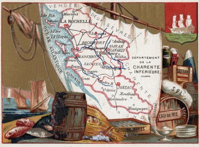 La Charente Inferieure, Poitou Charentes, Ranska. Viiniä, konjakkia, sardiineja, suolaa, sahramia, kuivaa kalaa, noin 1920. tekijältä Unknown Artist