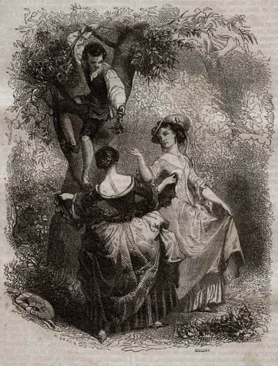 Kirsikoiden poiminta - Kuvitus tunnustuksille, Jean-Jacques (Jean Jacques) Rousseau (1712-1778) - kaiverrus vuodelta 1849 tekijältä Unknown artist