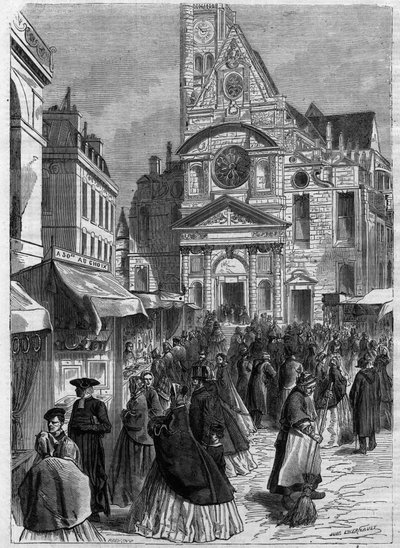 Saint Genevieven novena Saint Etienne du Montissa (Saint-Etienne-du-Mont) Pariisissa - Kaiverrus "" Le Journal Illustrée"" tekijältä Unknown artist