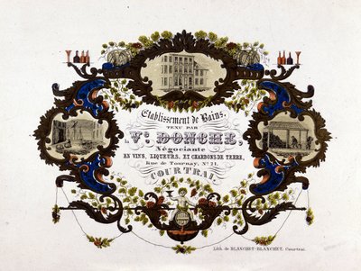 Etiketti viinitilalle, likööreille ja savihiileille. Litografia tekijältä Unknown artist