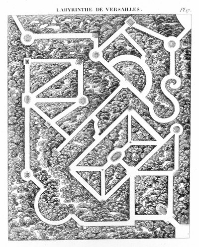 Versaillesin labyrintti herra Boitardin "" Essee puutarhojen koostumuksesta ja koristeesta" jälkeen. Pariisi 1823. tekijältä Unknown artist