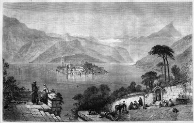 Ortajärvi (Cusiojärvi) (keskellä San Giulion (Saint Jules) saarta Novaran maakunnassa Italiassa. Kaiverrus vuodelta 1865. tekijältä Unknown artist