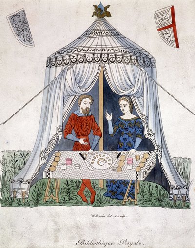 Lancelot ja Guineèvre syömässä teltan alla, otettu "Lancelot du lacista" vuoden 1370 asiakirjan mukaan. tekijältä Unknown artist