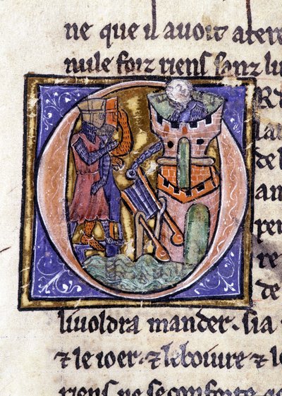 Lancelot tornin huipulla. Käsikirjoitus: Saint Gréalin valloitus, kirjoitettu 717 vuotta herramme intohimosta. Bibliotheque Municipale de Rennes, ms. 255 (Pyöreän pöydän romaanien kokoelma); Pariisi tekijältä Unknown artist