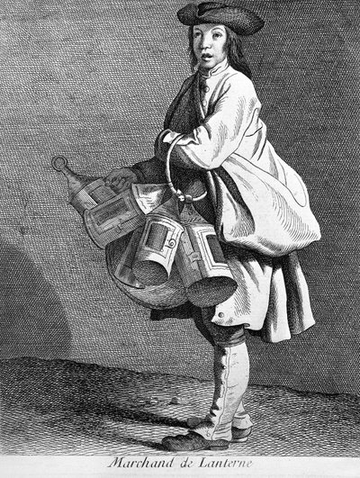 Lyhtyjälleenmyyjä. 1800-luvun kaiverrus. tekijältä Unknown artist