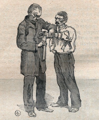 Oikeusantropometria tai bertillonnage, Alphonse Bertillonin (1853-1914) menetelmä: keskisormen ja vasemman nimetön sormen mittaus - Kaiverrus "" La Science francaise -kirjassa" tekijältä Unknown artist