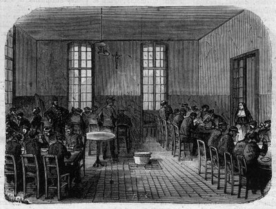 Sainte Anne (Sainte-Anne) turvapaikka Pariisissa: ruokasali - Kaiverrus ""Le Journal Illustrée"" tekijältä Unknown artist