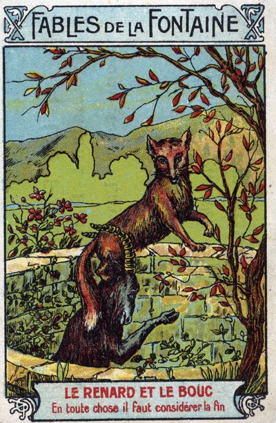 Le Fox et le Bouc - Jean de La Fontainen (1621-95) satuja - 1800-luvun lopun kromolitografia Yksityinen kokoelma tekijältä Unknown artist