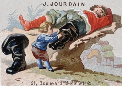 Le Petite Poucet poistaa seitsemän liigan saappaansa asoupi ogrella - Mainosmerkki Jourdain tekijältä Unknown artist