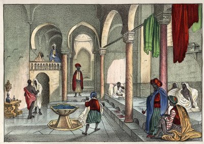 Le bain moure (julkinen kylpylä) Algerissa noin 1830. Léon Galibertin "Muinainen ja nykyaikainen Algeria" -osassa. Italialainen painos 1846 värissä. tekijältä Unknown artist