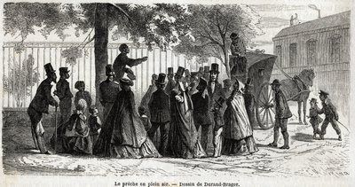 Le preche en plein air, Lontoossa, Durand Bragerin piirros havainnollistaakseen L. Simoninin retkiä Lontoon köyhille alueille vuonna 1862. Kaiverrus kirjassa "" Le tour du monde", toimittanut Edouard Charton tekijältä Unknown artist