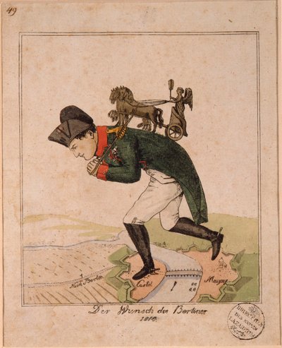""Berliiniläisten toive"" (Berliiniläisten toive) Karikatyyri, joka esittää keisari Napoleon I:tä (1769-1821) kantamassa selässään Brandenburgin portin quadrigaa ylittääkseen Mainzin linnoituksen piirityksen aikana Anonyymi pilakuva tekijältä Unknown artist