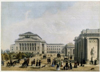 Alexandrinski-teatteri (tai Alexandra) Pietarissa (Aleksanterin teatteri Pietarissa). Nimetön teos, värilitografia, n. 1830. 1800-luvun klassismi. Valtion teatteri- ja musiikkitaiteen museo, Pietari. tekijältä Unknown artist