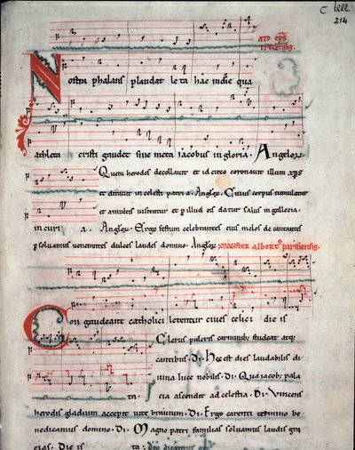 Pyhiinvaellusoppaan esite Santiago de Compostelan pyhiinvaelluksen sanoilla (Santiago de Compostella) Fol. 214 r. 1200-luvun käsikirjoituksesta. Santiago de Compostelan katedraalin arkisto (Santiago de Compostela), Espanja tekijältä Unknown artist