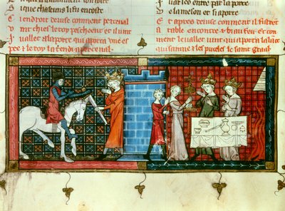 Vasemmalla: Perceval vastaanottaa miekan kuningas Pescheorilta. Oikealla: Graalin kulkue. Miniatyyri elokuvasta "" Tale du Grail"" tekijältä Unknown artist