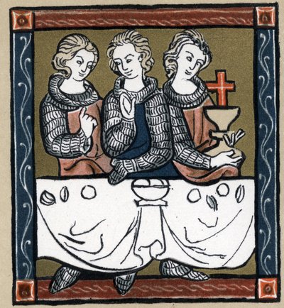 Legenda Arthurian: Galahad (Galad tai Galaad), Perceval ja Bohort (Bors tai Borrt) Pyhän Graalin kanssa. Hermann Suchierin teoksessa "Ranskan kirjallisuuden historia". tekijältä Unknown artist