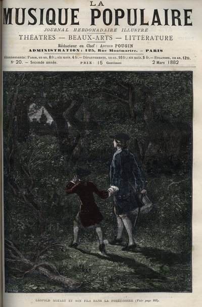 Leopold Mozart ja hänen poikansa Wolfgang Amadeus mustassa metsässä - Leopold Mozart ja hänen poikansa Wolfgang Amadeus mustassa metsässä Saksassa - kaiverrus "" Popular music""" maineikkaaseen viikkolehteen - 1882 tekijältä Unknown artist