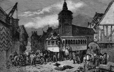 Les Omnibus de Paris 1800-luvulla: autossa on 60 istuinta - kaiverrus vuodelta 1892 tekijältä Unknown artist