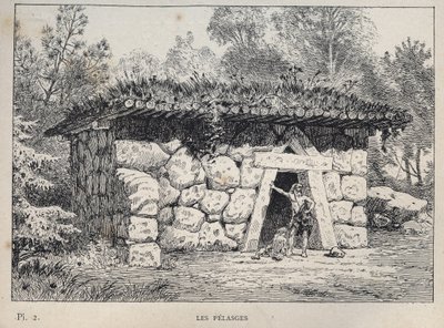 Pelasgit (pelasgit) - kaiverrus vuodelta 1889 Charles GARNIERin teokseen "Ihmisasumisen historia vuoden 1889 yleisnäyttelyssä - Librairie centrale des beaux-arts Paris 1889" tekijältä Unknown artist