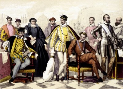 Les Valois - Vuodesta 1547 vuoteen 1589. Henrik II, Katariina de Medici (Caterina de Medici), Kaarle IX, Henrik III, Henrik IV. Kaiverrus 1800-luvulta. tekijältä Unknown artist