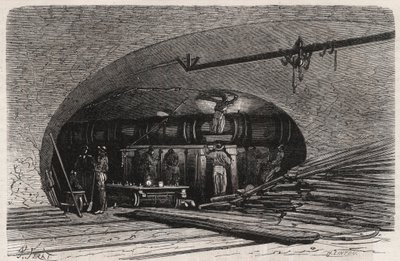 Pariisin viemärit: putken mutka lähellä Saint Michelin siltaa (Saint-Michel), Place du Chatelet - Kaiverrus "" Le Monde Illustré"" tekijältä Unknown artist