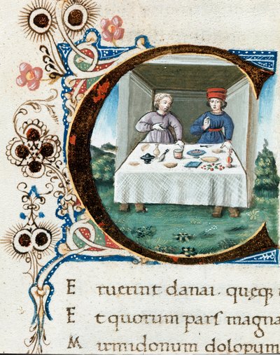 Kirjelomake C koristeltu pariskunnalla pöydässä. Pienoiskuva "The Bucoliques" (Eglogues) kirjoittaja Vergilius (Publius Vergilius Maro) (70-19 eKr.) (ms.IV E.12) - 1400-luvun Napoli, Biblioteca Nazionale tekijältä Unknown artist