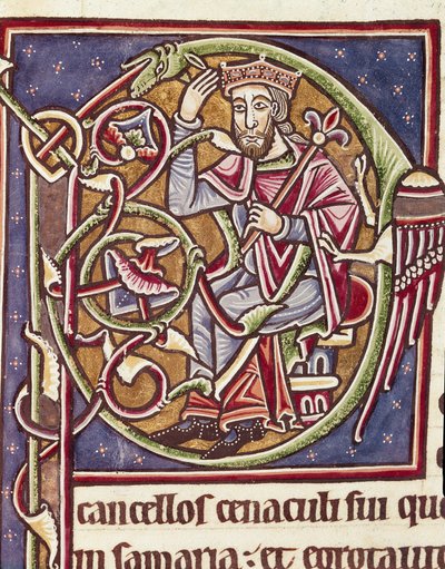 Lettrine P decoree Moabin maan kuninkaan esityksestä Pienoismalli Raamatusta (Ms 3088) 1100-luvun Coimbra, yliopiston biblioteekki tekijältä Unknown artist